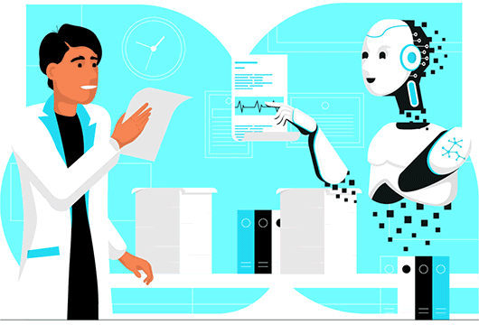 analytics robot and data scientist collaborating on reports
