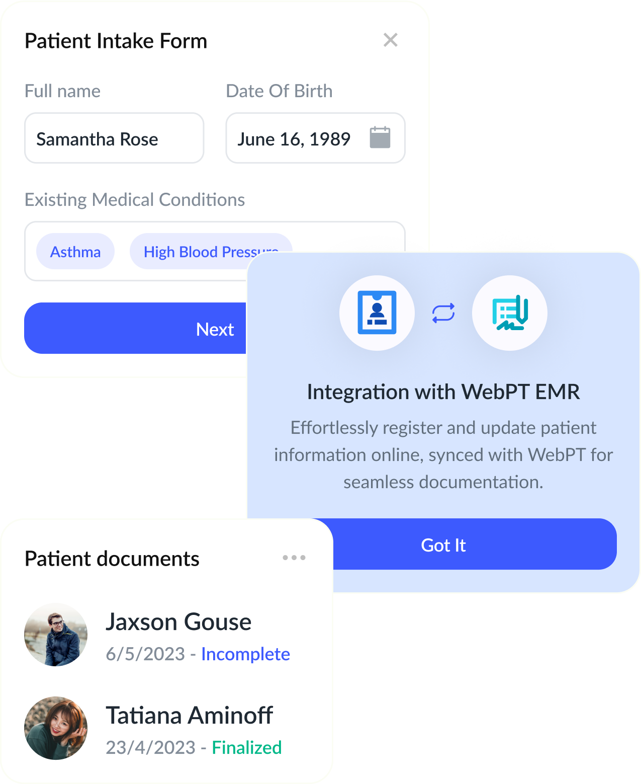 webpt patient intake form and integration preview